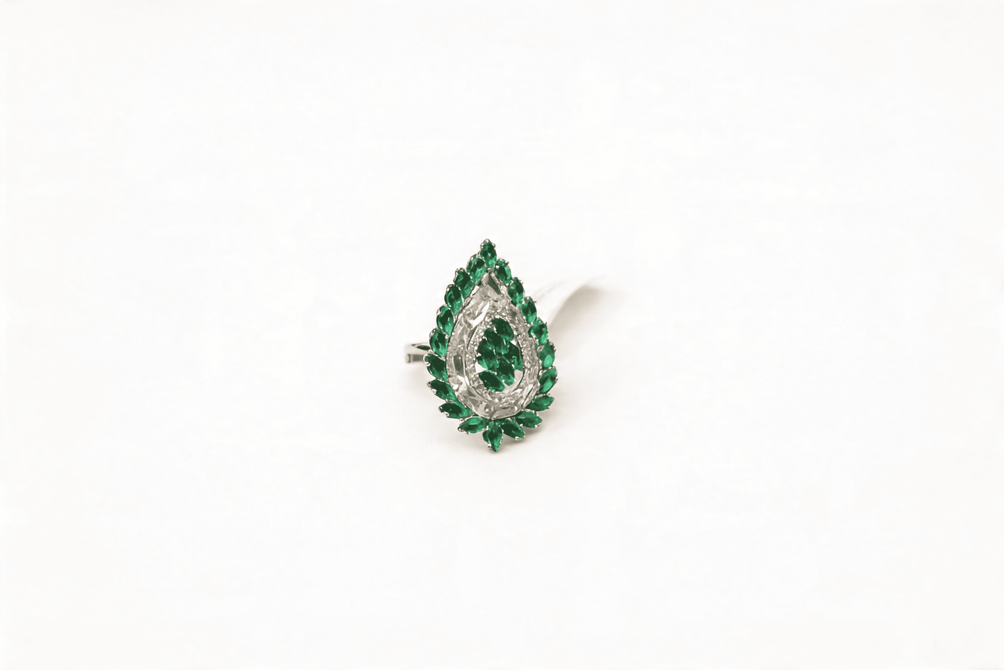 Emerald Green & Silver Teardrop Halo Ring