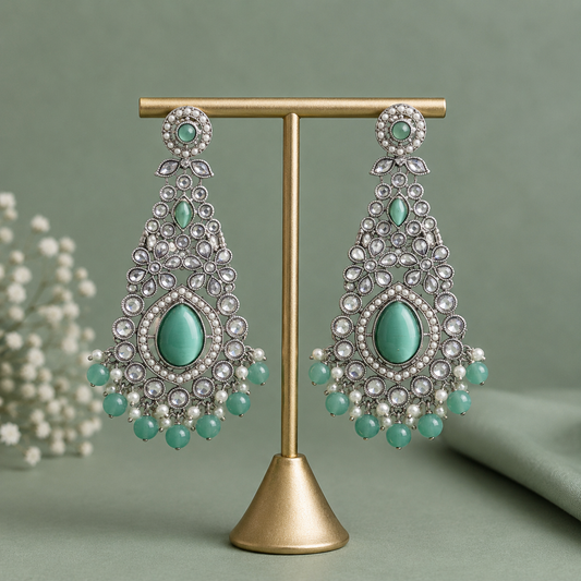 Silver-Plated Pastel Green Stone Chandelier Dangles