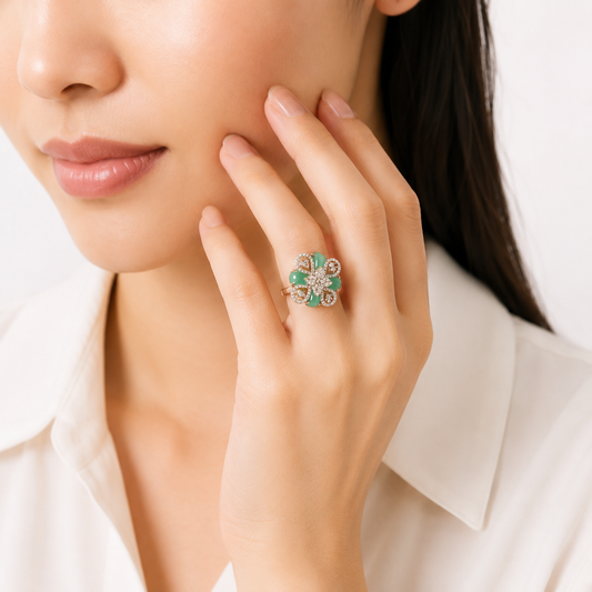 Golden Seafoam Mint & Crystal Blossom Statement Ring