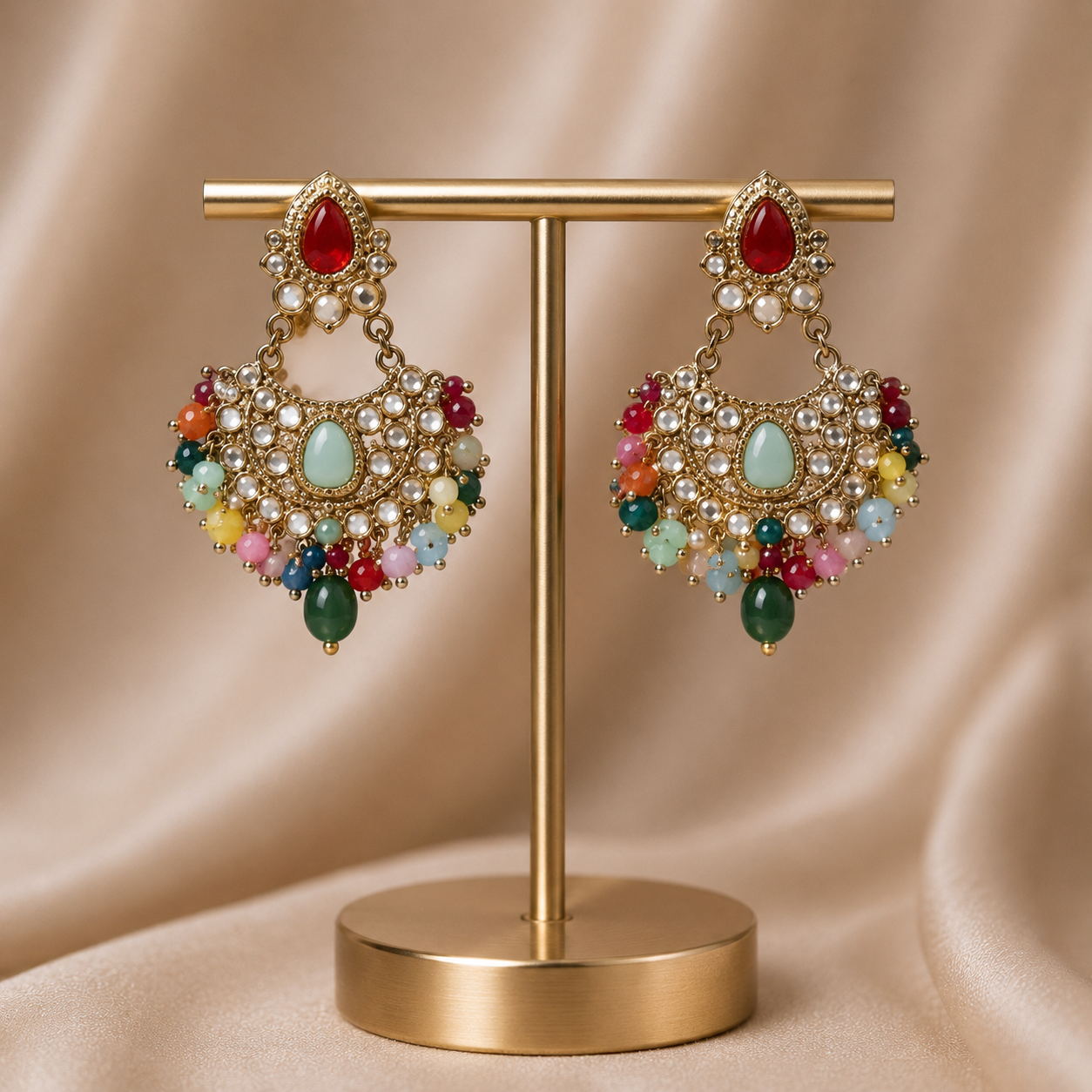 Antique Gold Multi-Color Chandbali Earrings