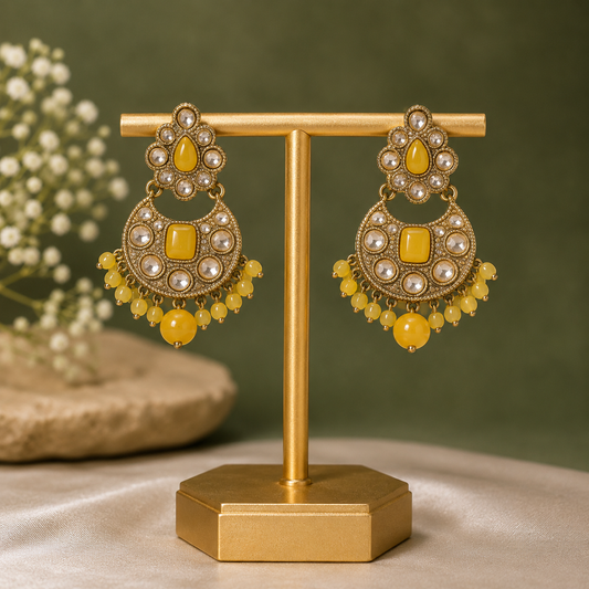 Antique Gold & Mustard Yellow Crescent Drop Earrings