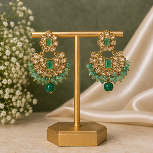 Antique Gold Emerald Green Polki Chandbali Earrings