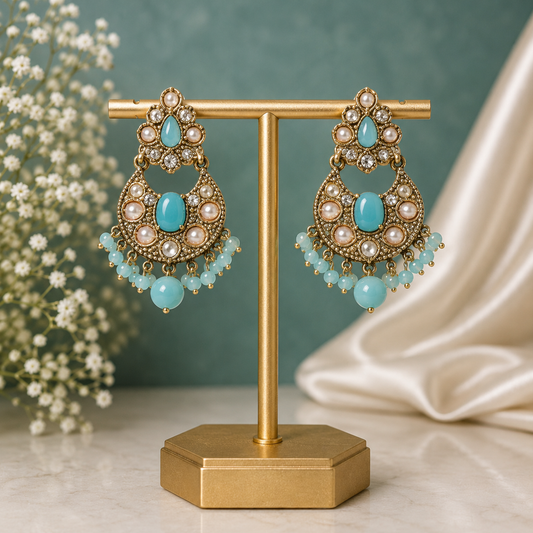 Antique Gold Turquoise & Pearl Chandbali Earrings