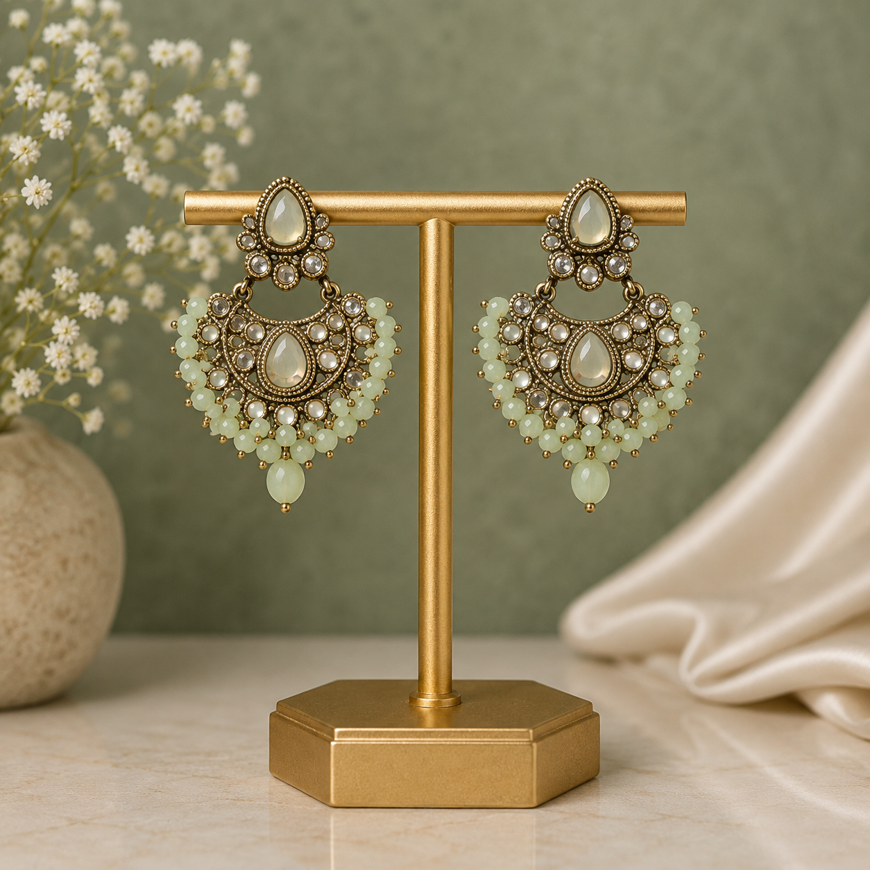 Antique Gold Sage Green Chandbali Earrings