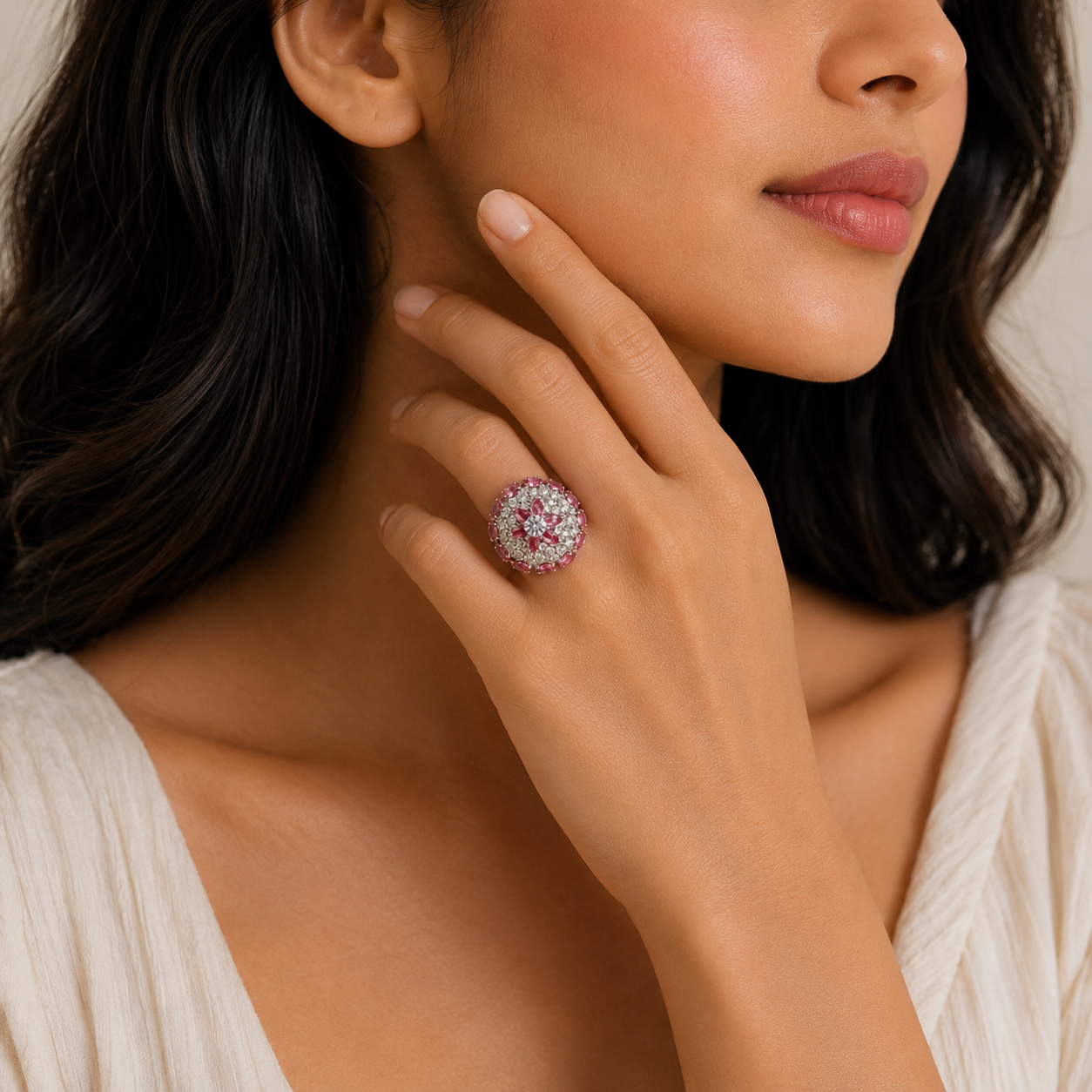 Silver Rose Quartz Blossom Dome Ring