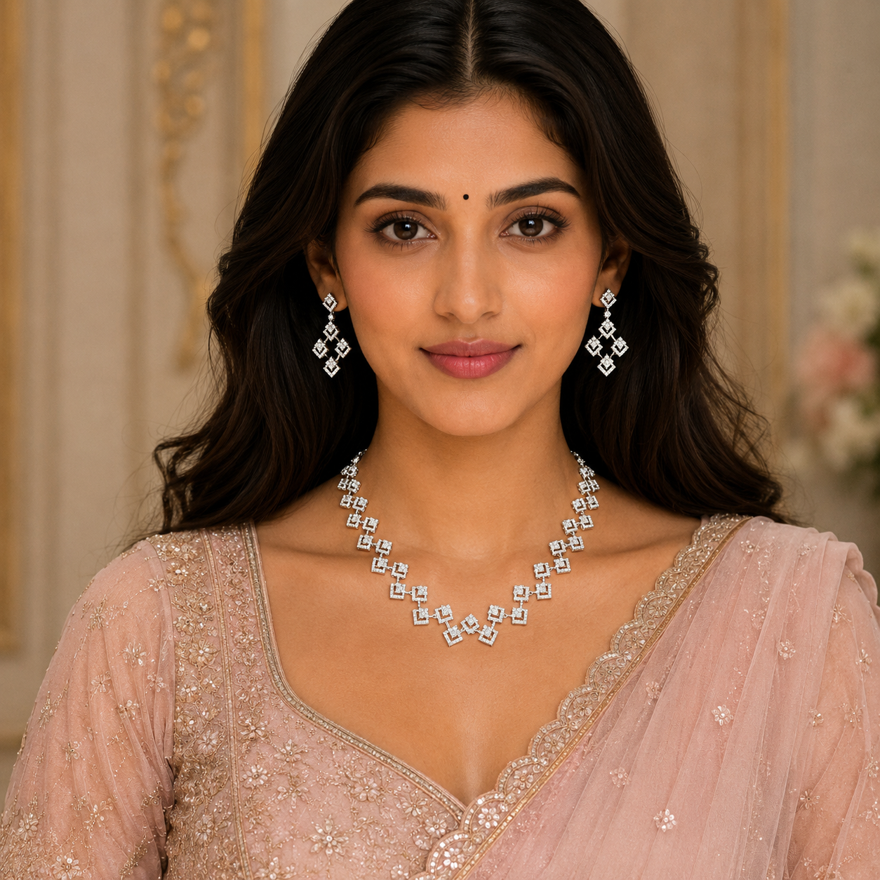 Shiny Silver Square Diamond Jewelry Set