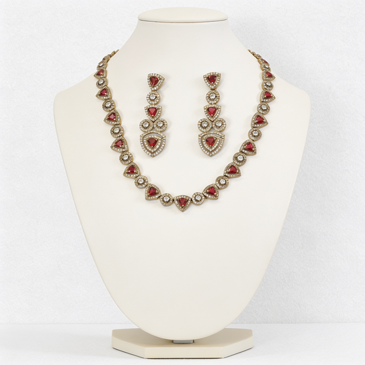 Antique Gold Jewelry Set with Red Ruby Crystals