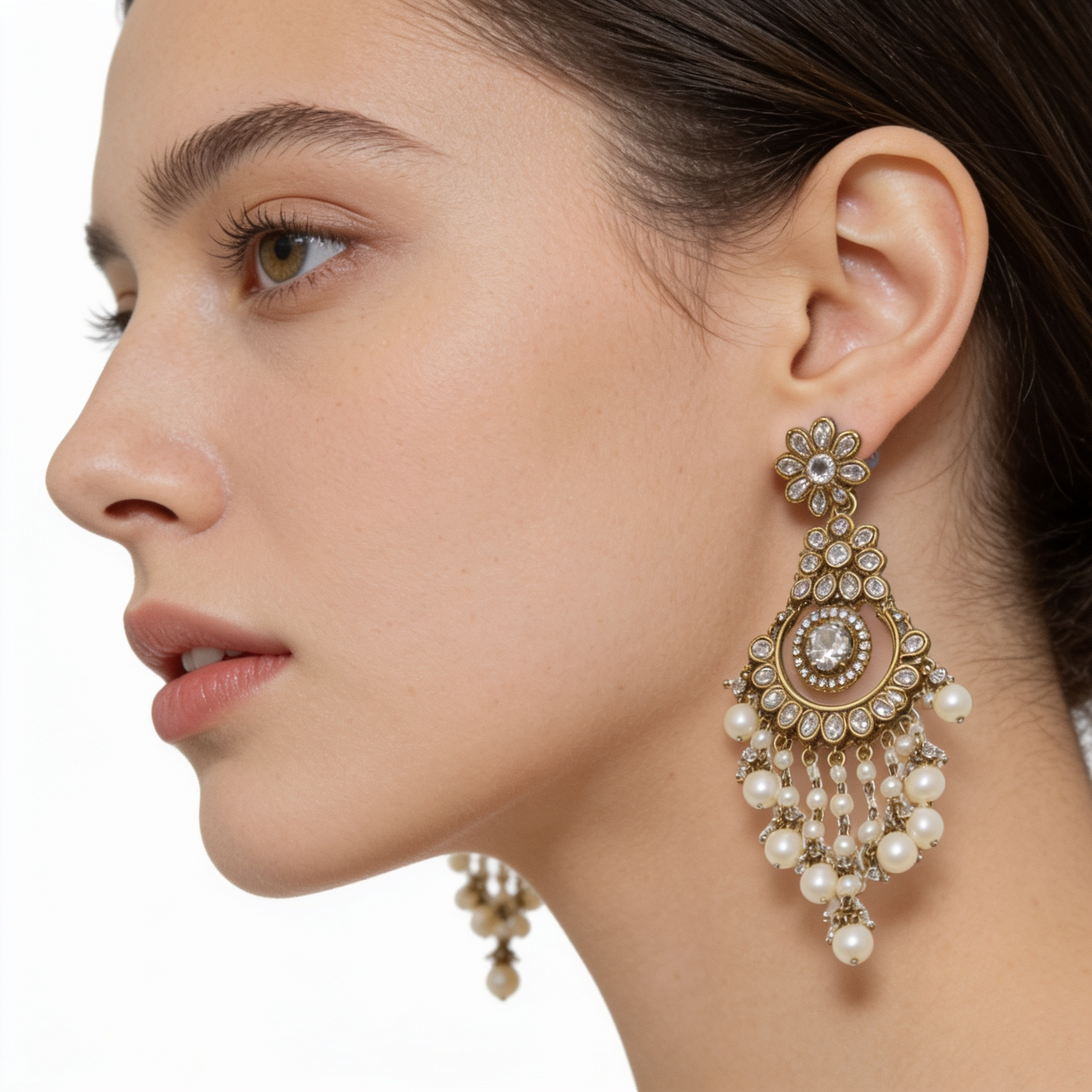 Antique Gold Floral Chandelier Earrings with Pearl Droplets