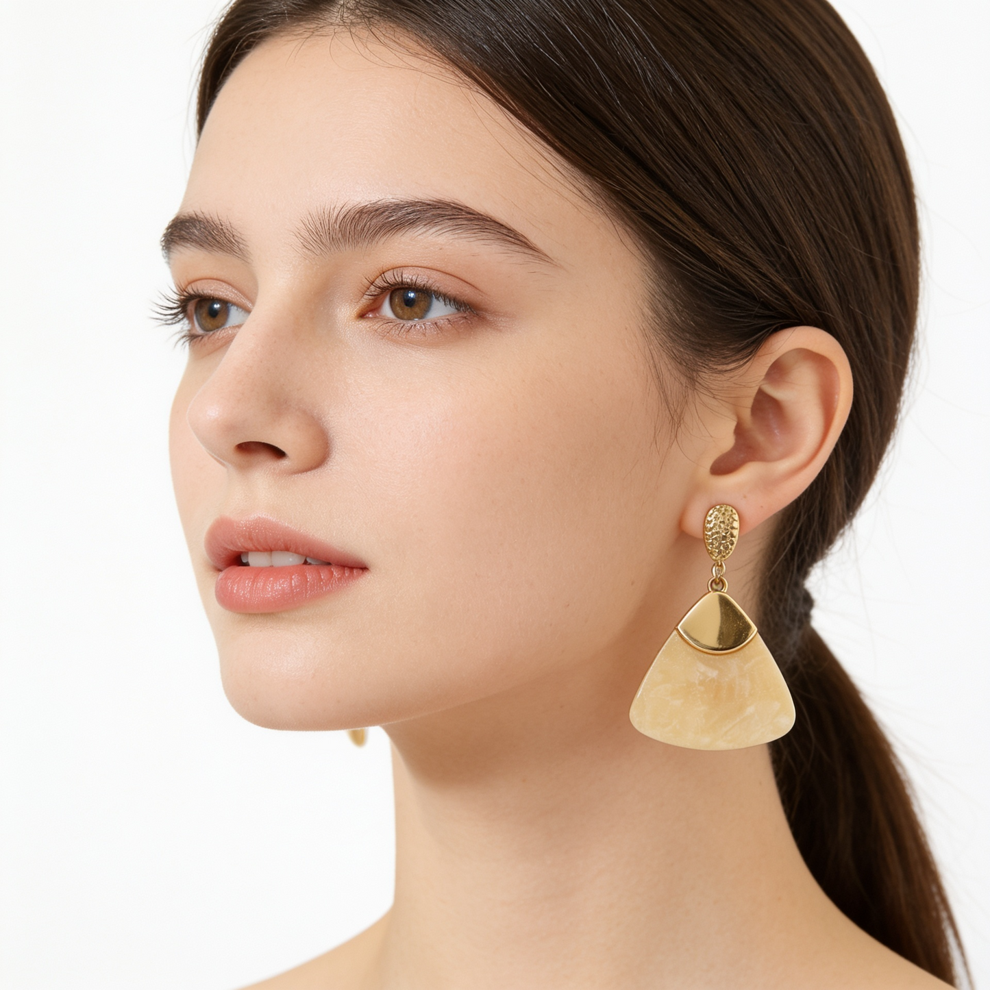 Anti-Tarnish Gold & Cream Marble Fan Statement Earrings