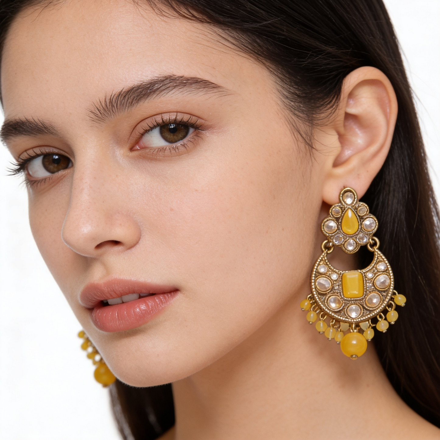 Antique Gold & Mustard Yellow Crescent Drop Earrings