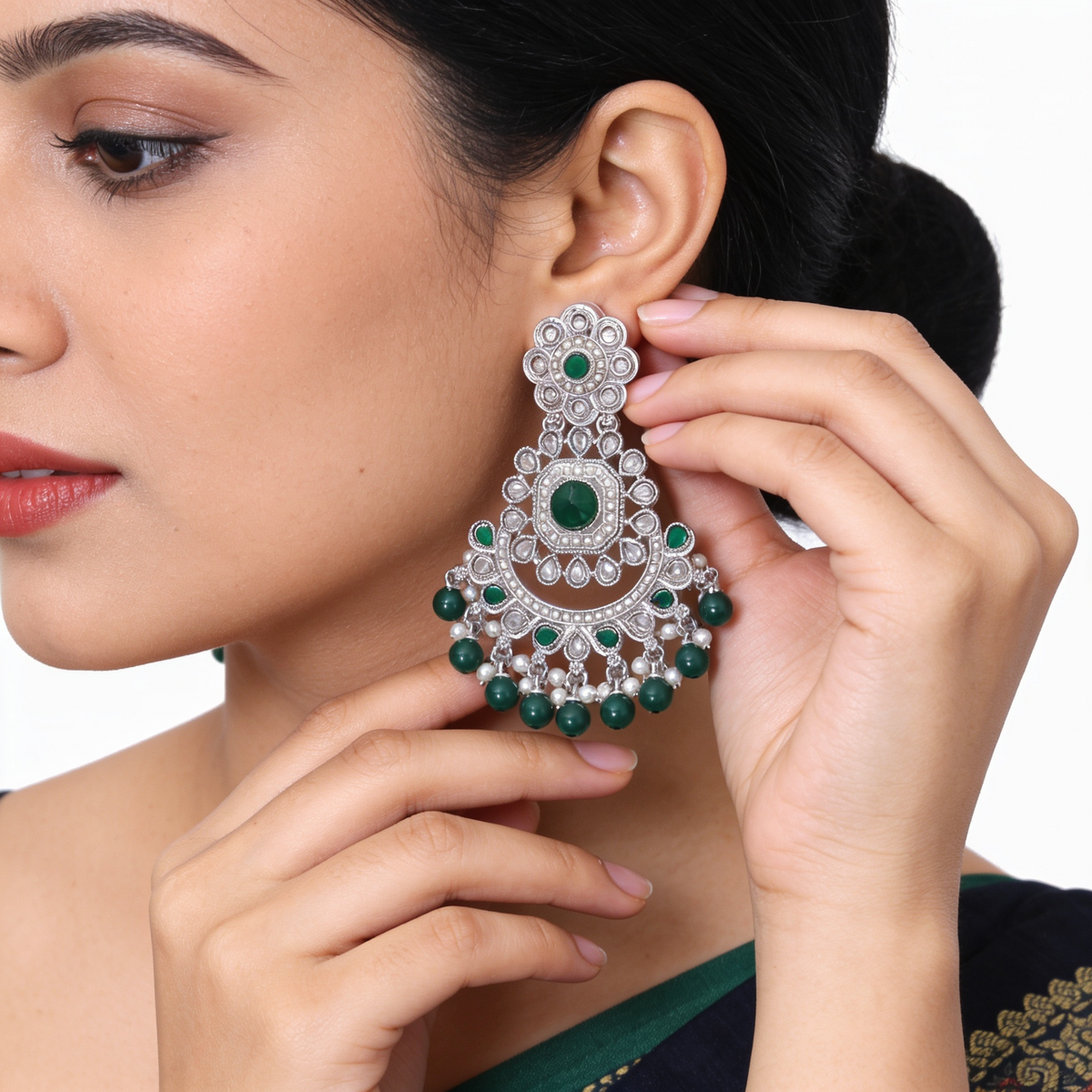 Bold Emerald Green & Pearl Chandelier Jhumkas