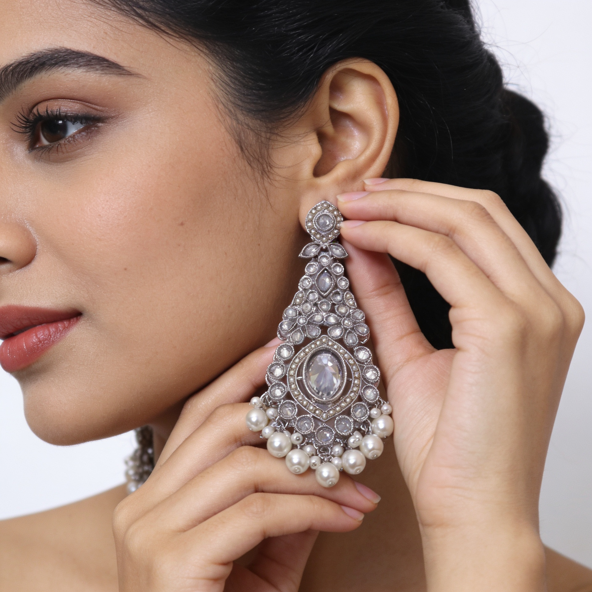 Silver-Plated Clear Quartz Chandelier Jhumkas