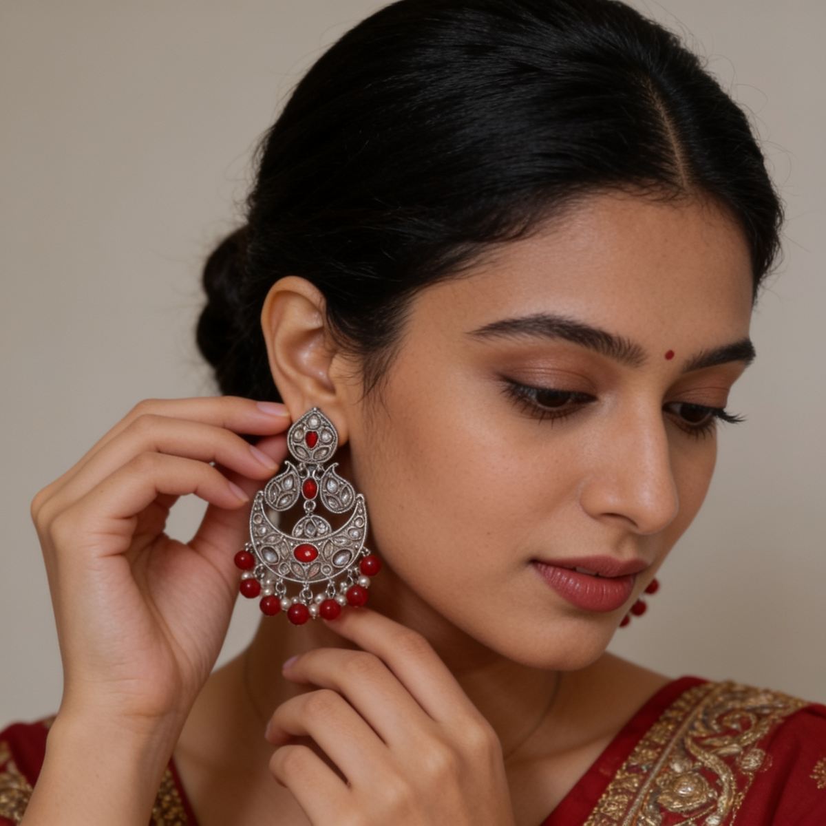 Silver-Plated Ruby Red Chandbali Earrings