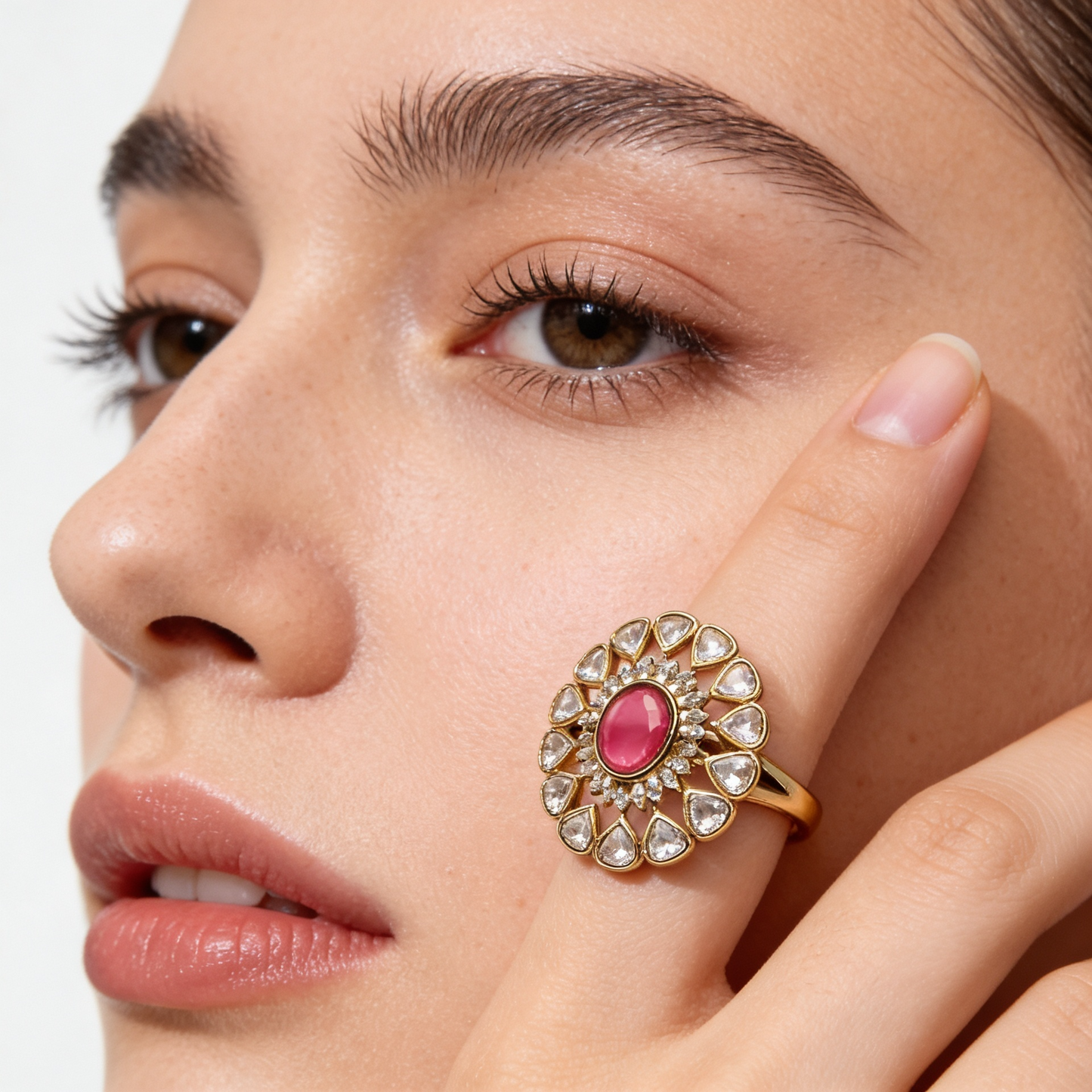 Pink & Gold Kundan Statement Ring