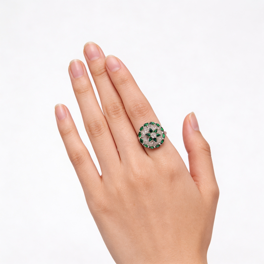 Silver Emerald Starlight Dome Ring