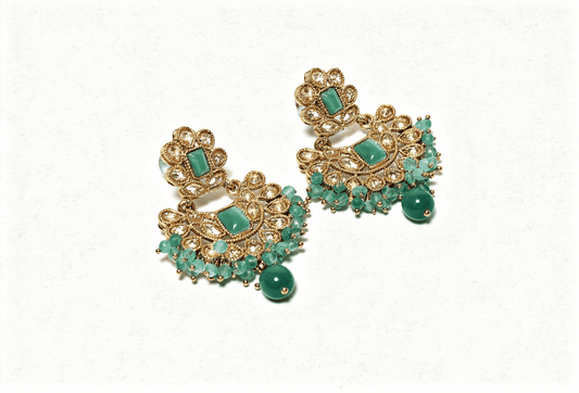 Antique Gold Emerald Green Polki Chandbali Earrings