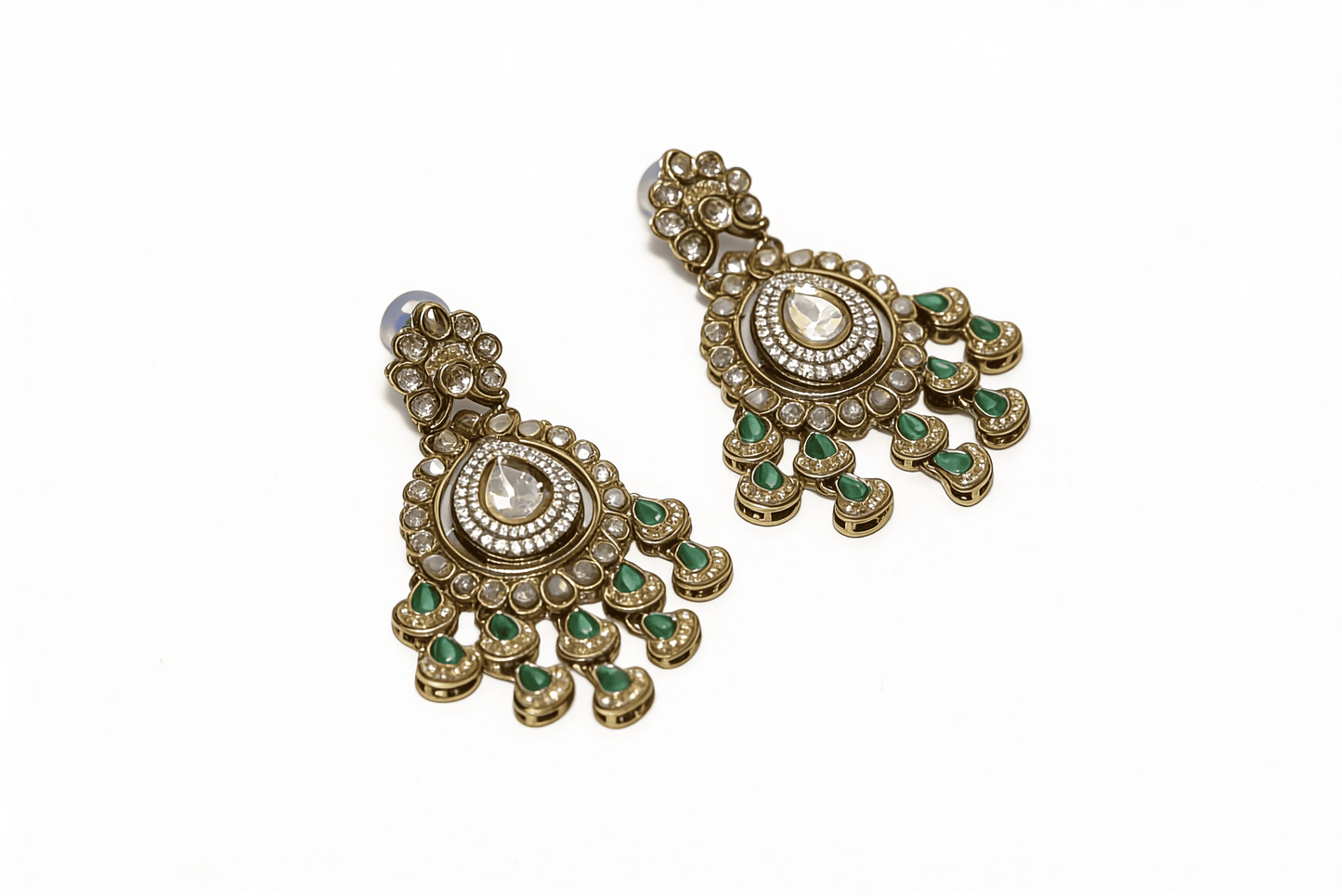 Antique Gold & Emerald Green Chandelier Statement Earrings