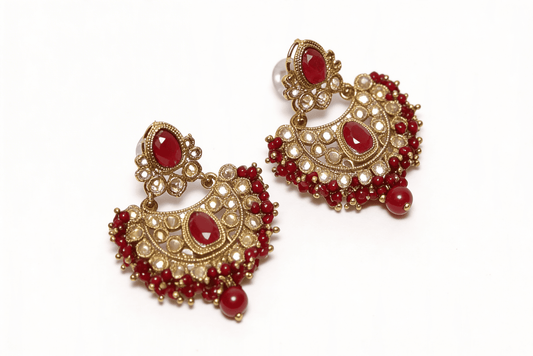 Antique Gold Ruby Red Polki Chandbali Earrings