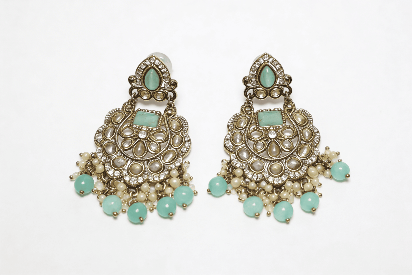 Antique Gold Sea-Green Polki Chandelier Earrings