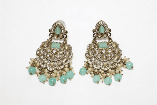 Antique Gold Sea-Green Polki Chandelier Earrings