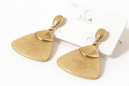 Anti-Tarnish Gold & Cream Marble Fan Statement Earrings