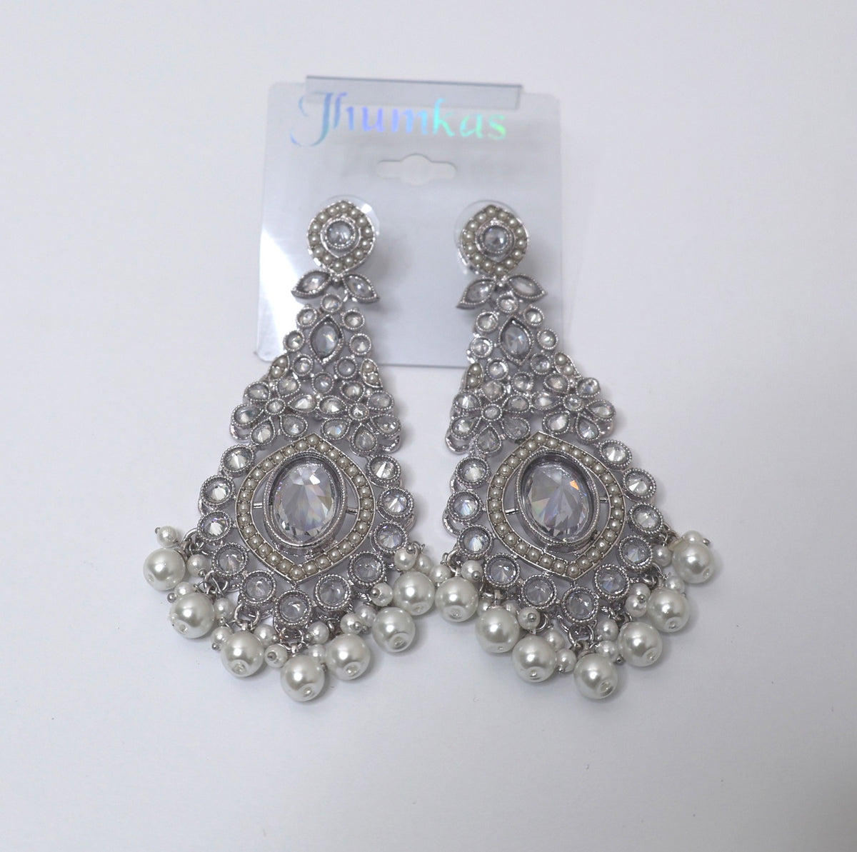 Silver-Plated Clear Quartz Chandelier Jhumkas