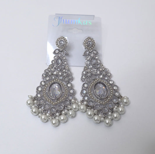 Silver-Plated Clear Quartz Chandelier Jhumkas
