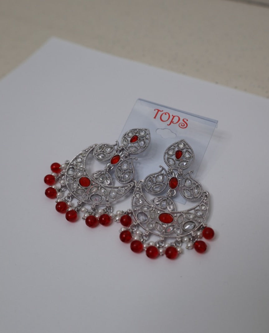 Silver-Plated Ruby Red Chandbali Earrings