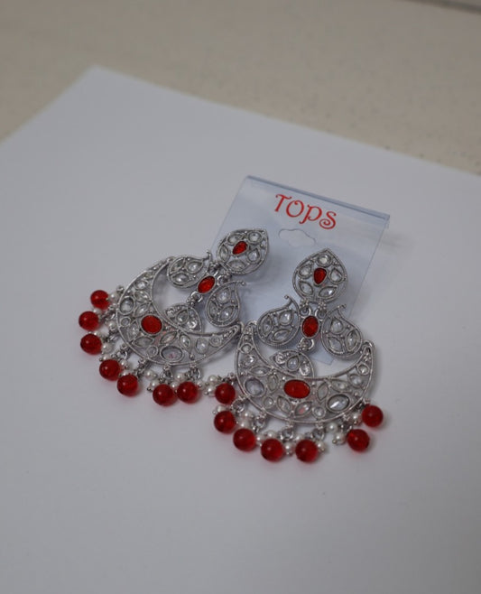 Silver-Plated Ruby Red Chandbali Earrings