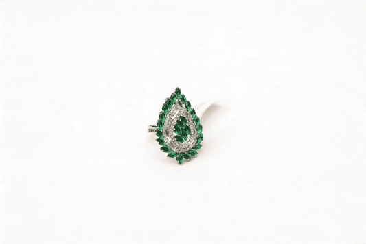 Emerald Green & Silver Teardrop Halo Ring