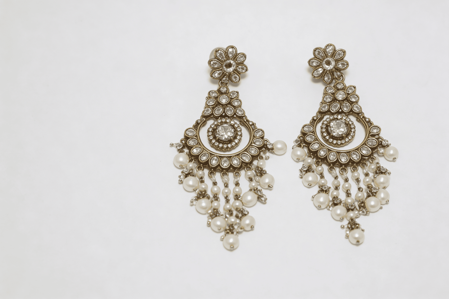 Antique Gold Floral Chandelier Earrings with Pearl Droplets