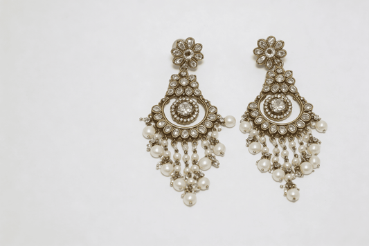 Antique Gold Floral Chandelier Earrings with Pearl Droplets