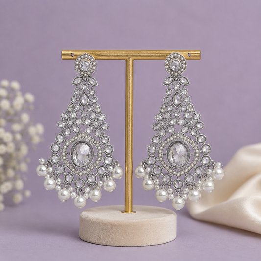 Silver-Plated Clear Quartz Chandelier Jhumkas
