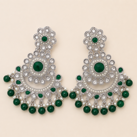 Bold Emerald Green & Pearl Chandelier Jhumkas