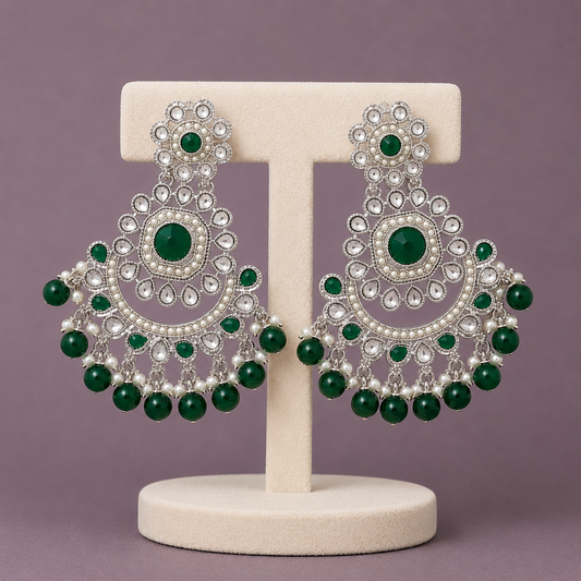 Bold Emerald Green & Pearl Chandelier Jhumkas
