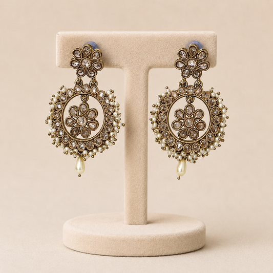 Antique Gold Polki & Pearl Chandbalis