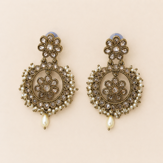 Antique Gold Polki & Pearl Chandbalis