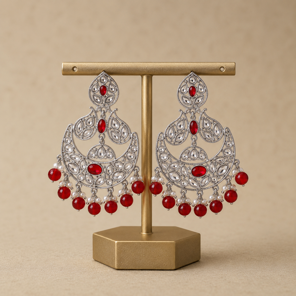 Silver-Plated Ruby Red Chandbali Earrings