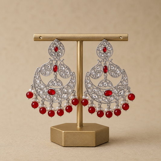 Silver-Plated Ruby Red Chandbali Earrings