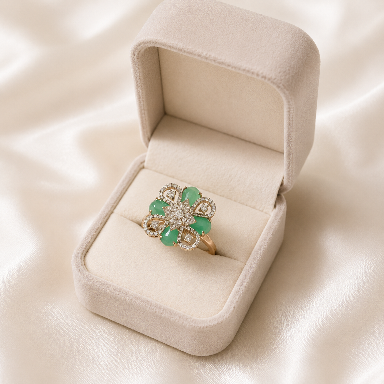 Golden Seafoam Mint & Crystal Blossom Statement Ring