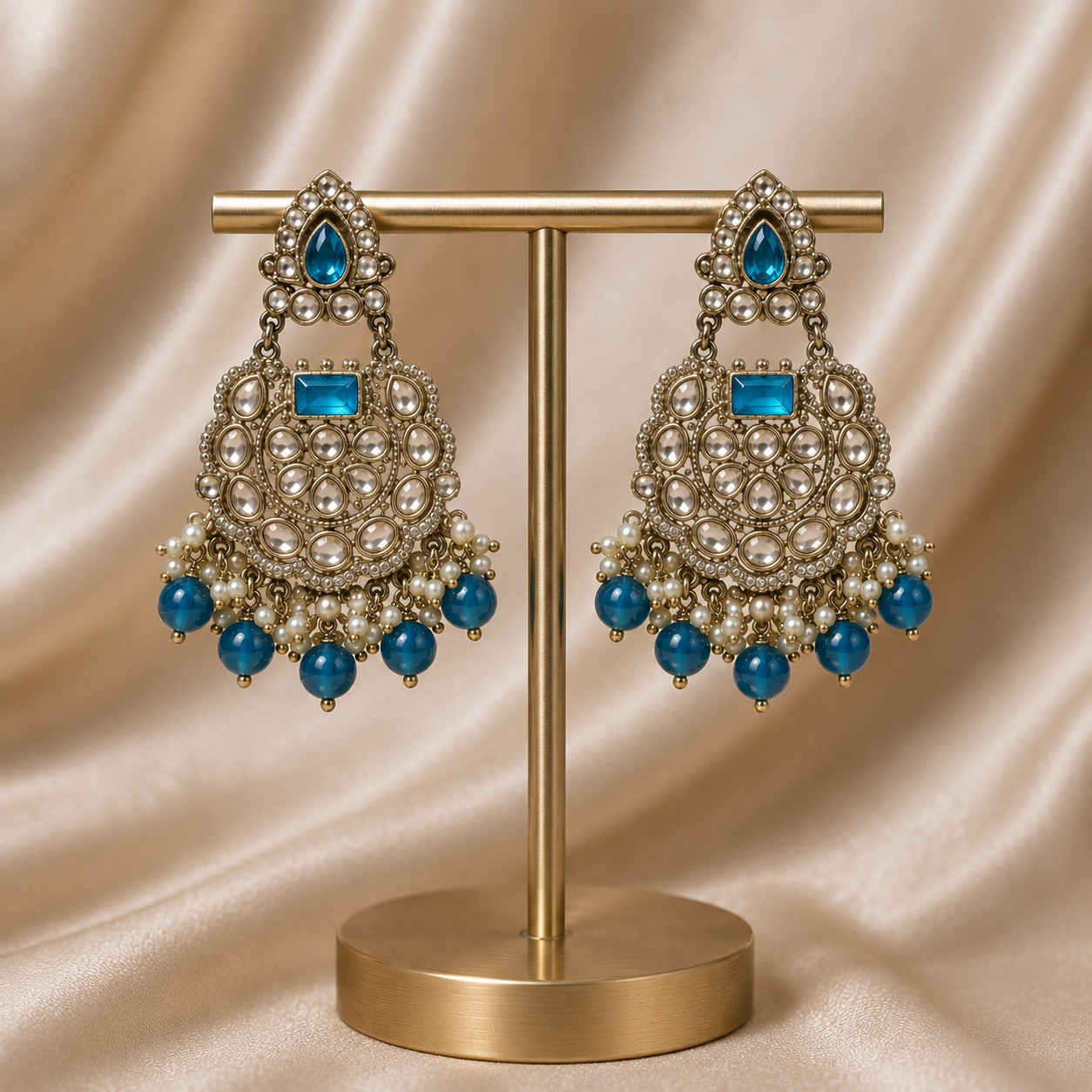 Antique Gold Deep Teal Chandbali Earrings