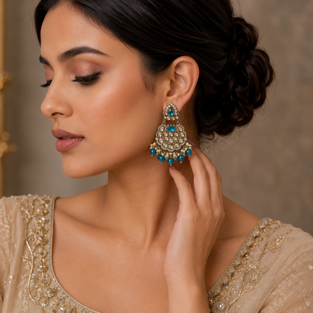 Antique Gold Deep Teal Chandbali Earrings