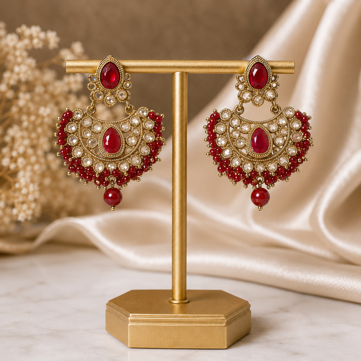 Antique Gold Ruby Red Polki Chandbali Earrings