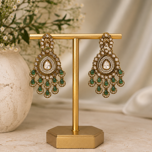 Antique Gold & Emerald Green Chandelier Statement Earrings