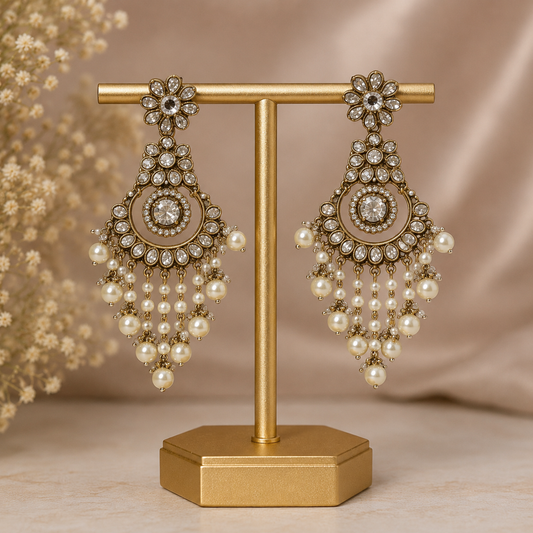 Antique Gold Floral Chandelier Earrings with Pearl Droplets