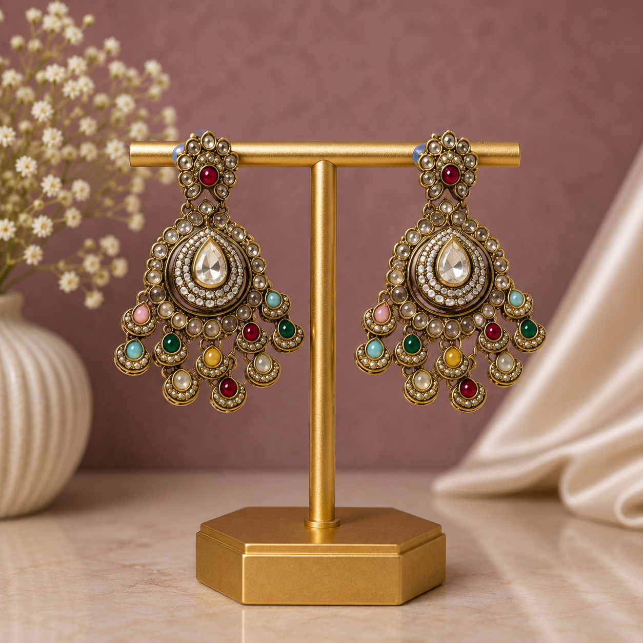 Antique Gold Kundan & Multi-Stone Chandelier Earrings