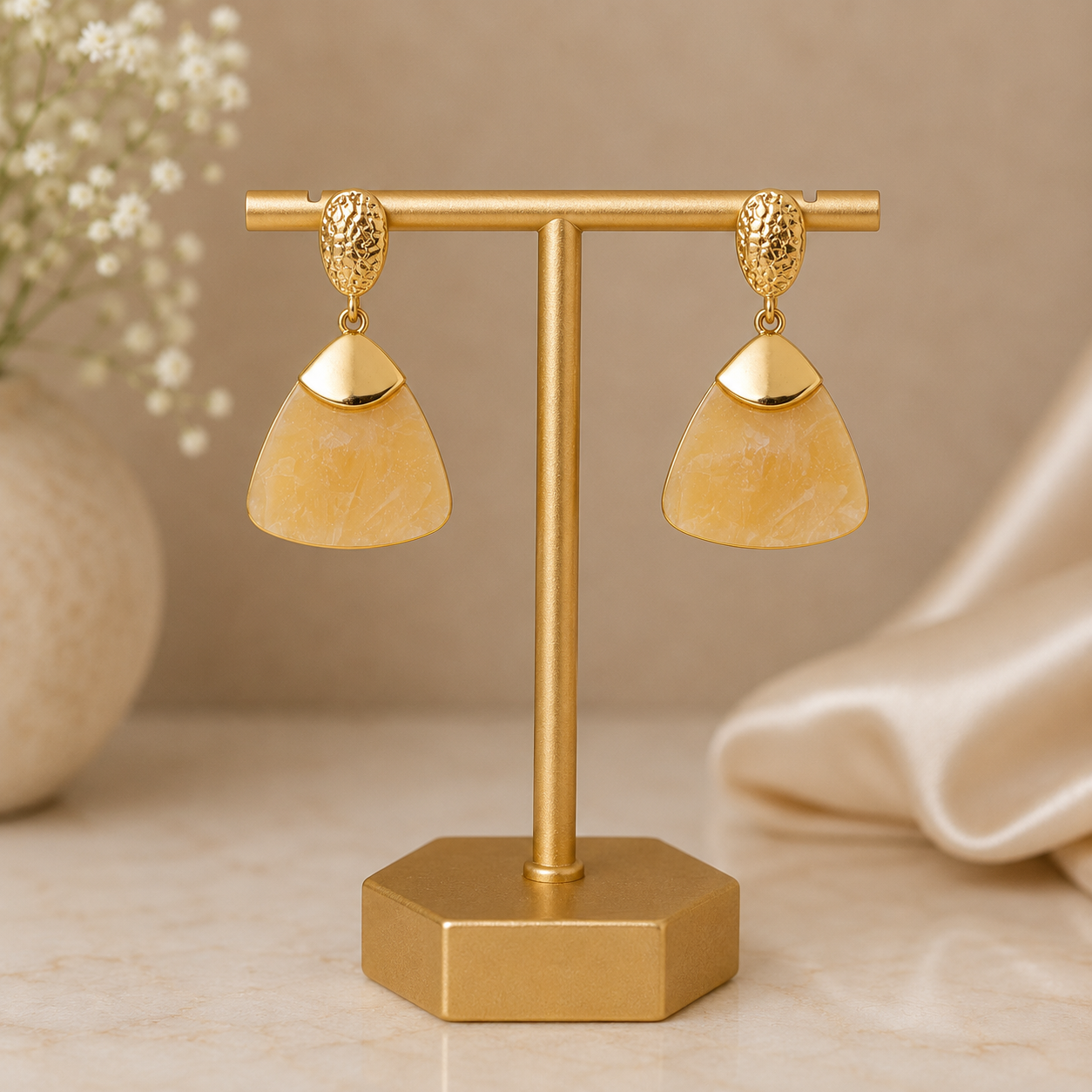 Anti-Tarnish Gold & Cream Marble Fan Statement Earrings
