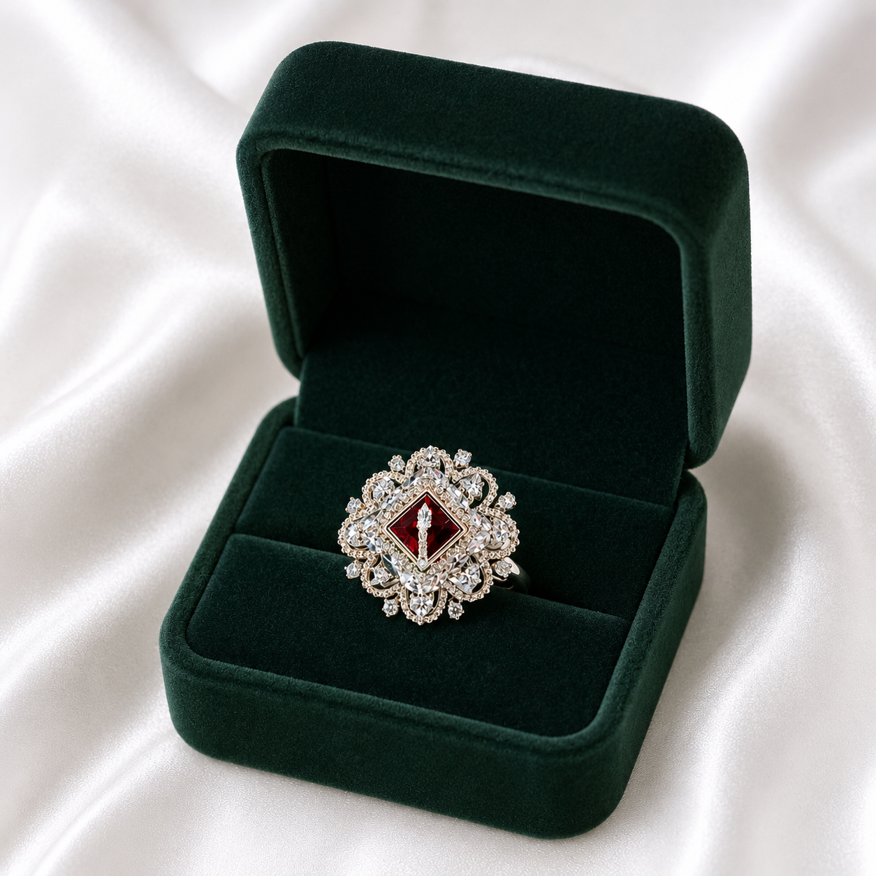 Golden Crimson Square Bloom Statement Ring
