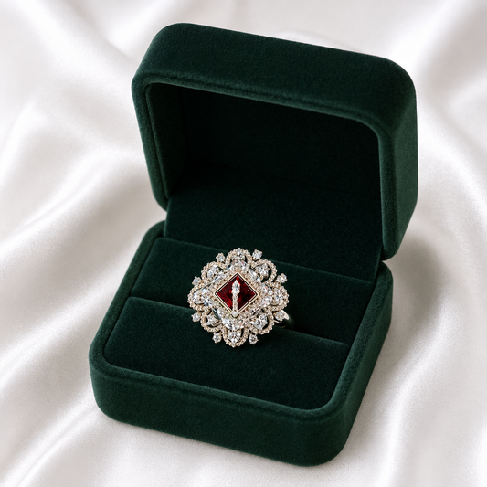 Golden Crimson Square Bloom Statement Ring