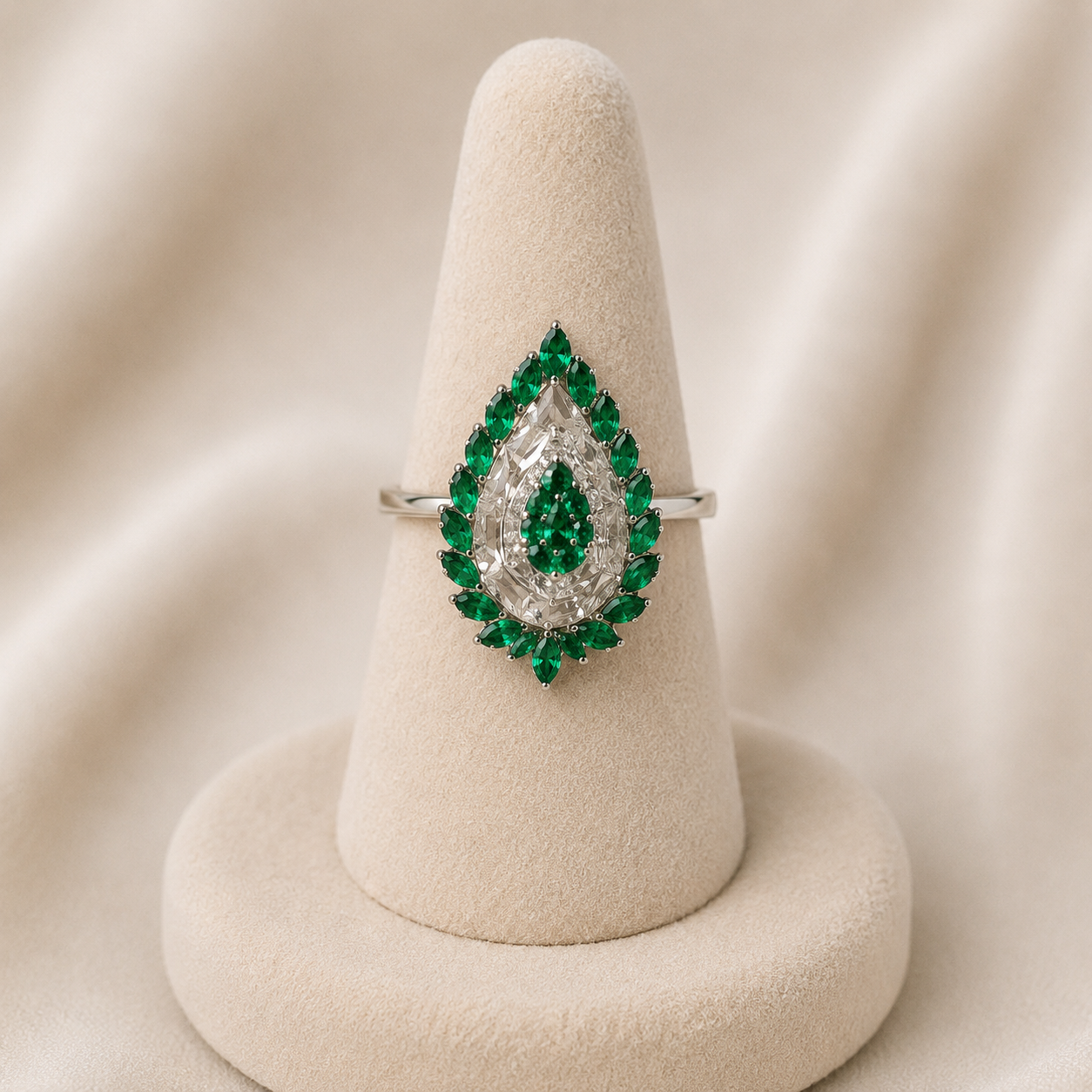 Emerald Green & Silver Teardrop Halo Ring